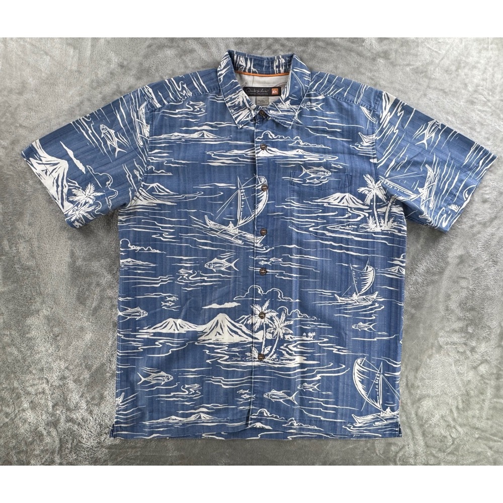 Quiksilver Waterman Shirt Mens L Blue Hawaiian Surf Beach Button Up Top Island